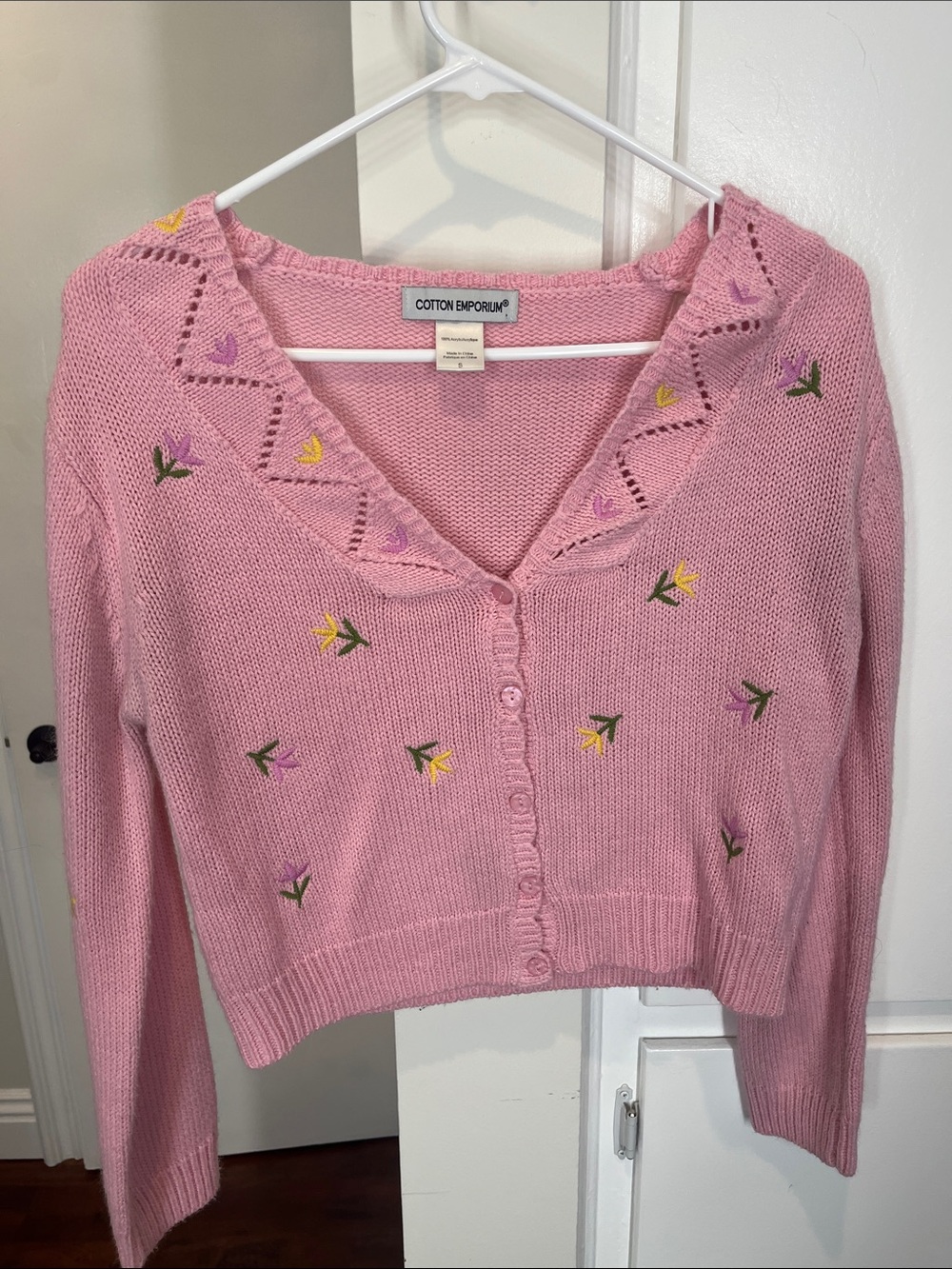 Cotton Emporium Pink V-Neck Embroidered Button-Front Sweater